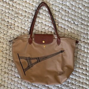 Longchamp Brown Tote Bag with Eiffel Tower Design